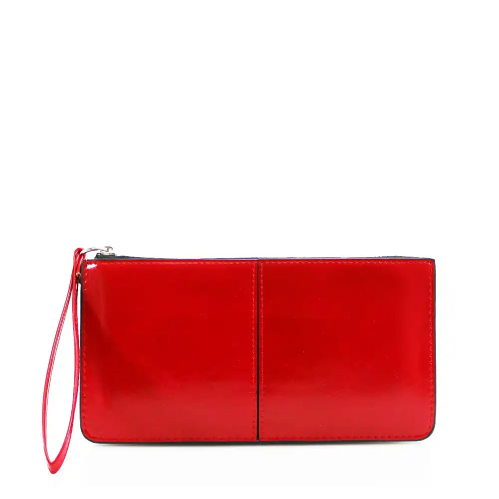Red clutch bag with a strap on a white background