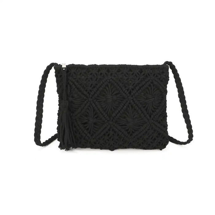 Black woven crossbody bag on a white background