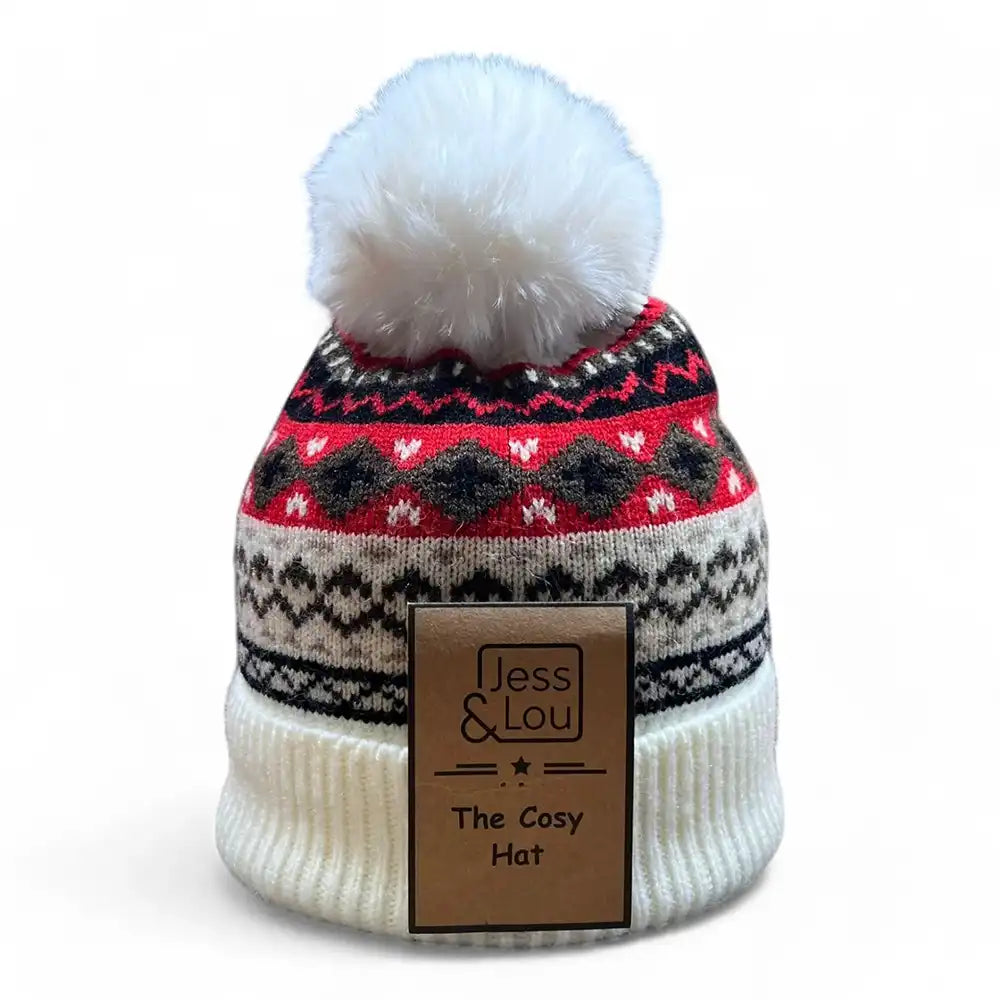 Knitted hat with a white pom-pom and red and black pattern, featuring a Jess & Lou label.