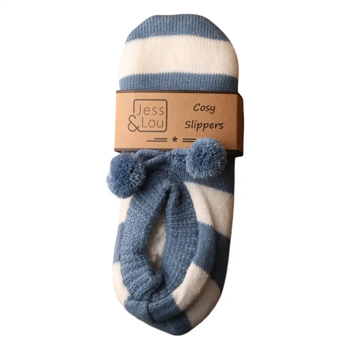 Pair of blue and white striped slippers with pom-poms on a white background, branded 'Jess & Lou'.