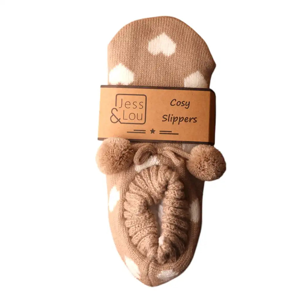 Heart Cosy Slippers - Taupe & White
