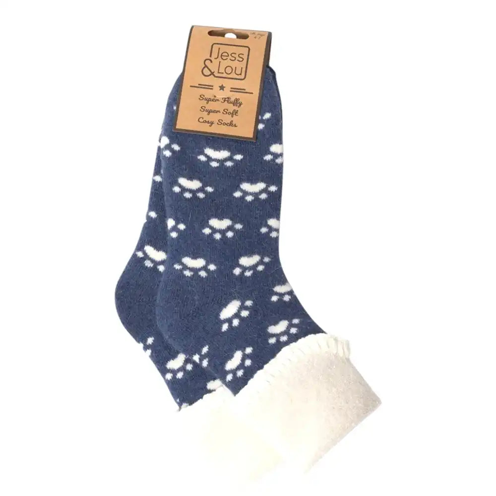 Blue socks with white paw prints on a white background