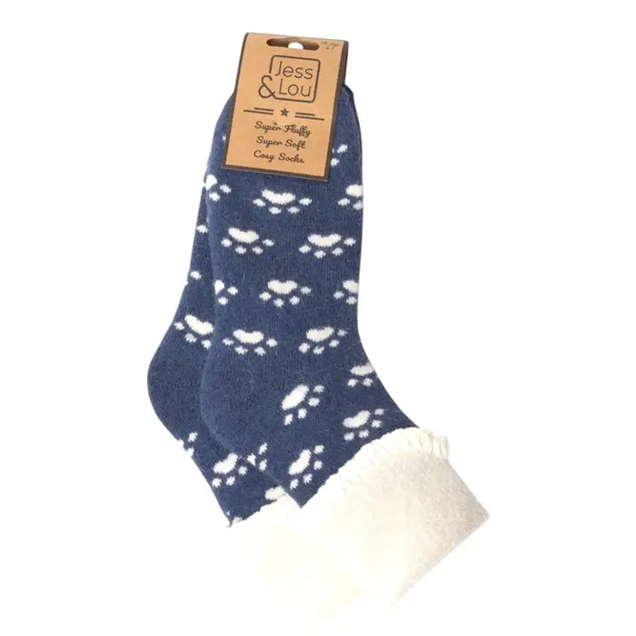 Blue socks with white paw prints on a white background