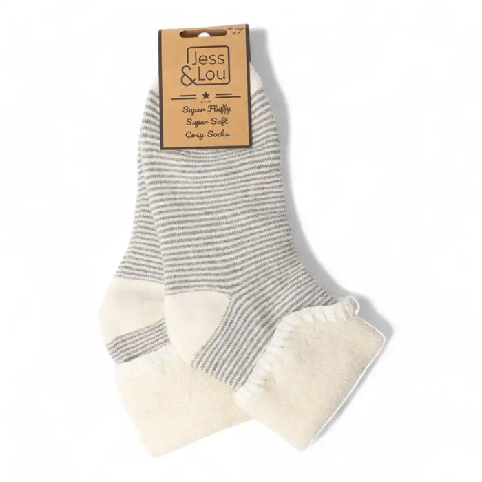Grey and ecru stripped ankle socks with ecru fold over cuff