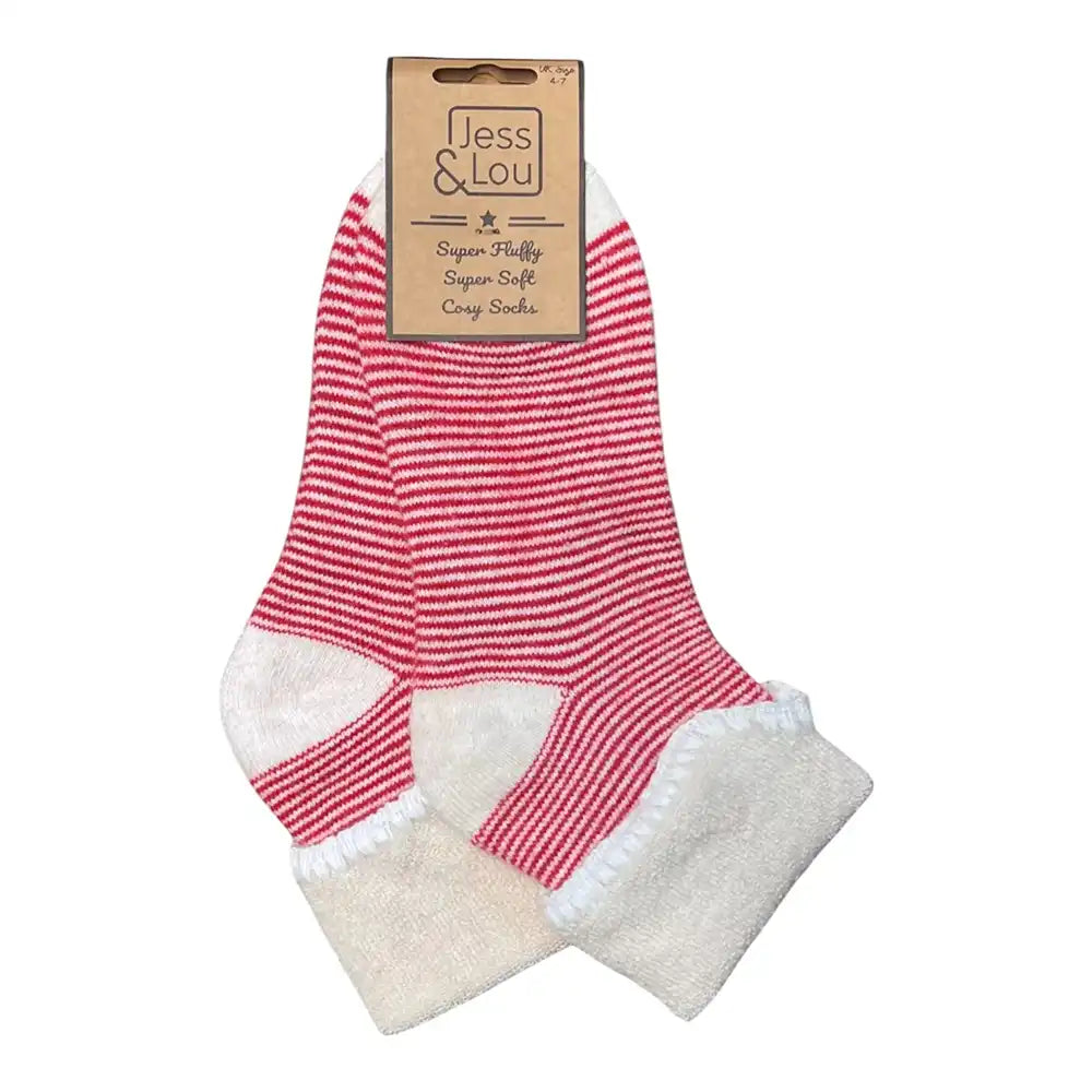 A pair of red and white striped socks with cream-colored plush toe and cuff sections, attached to a brown paper tag that reads 'Jess & Lou'.