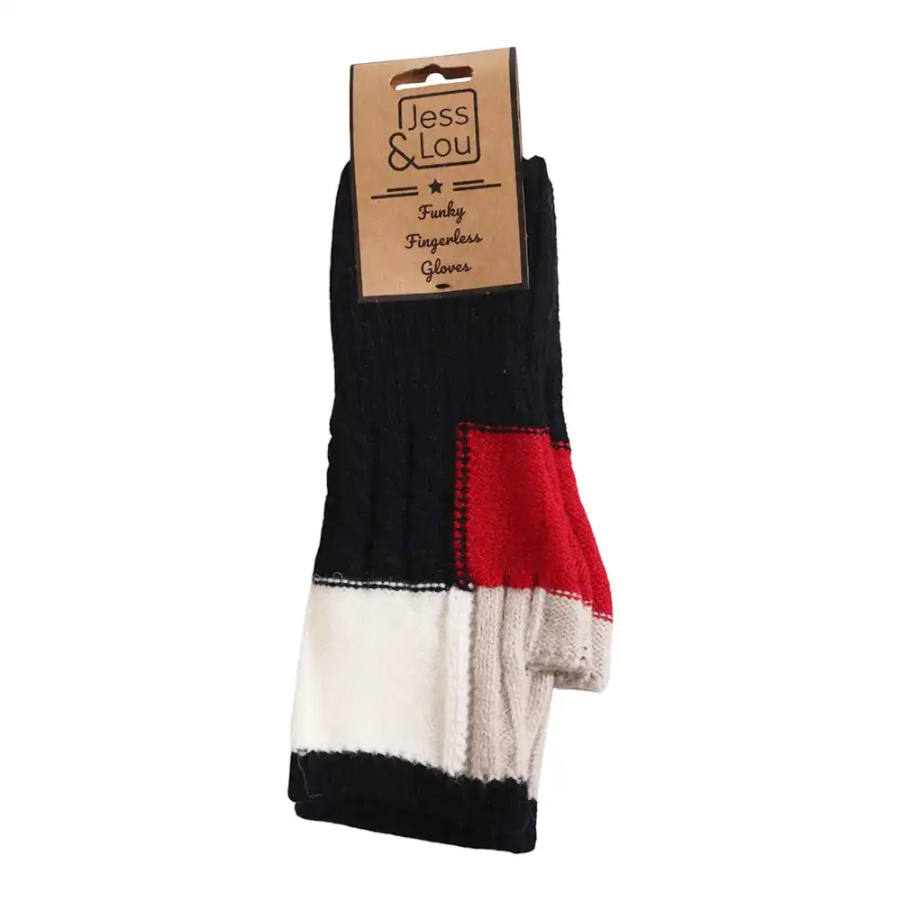A pair of black, red, and white knit fingerless gloves in a cabled pattern, packaged on a brown cardboard hanger labeled 'Jess & Lou'.