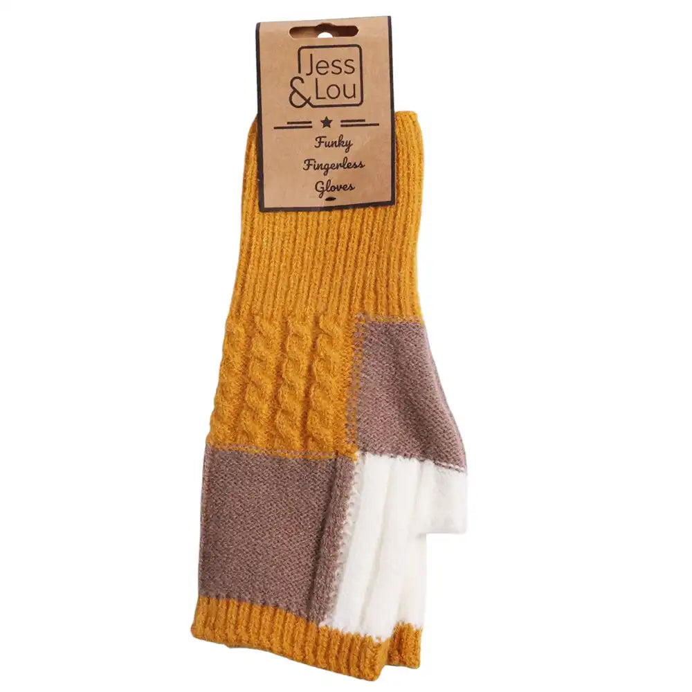 Colour Block Fingerless Gloves - Mustard & Taupe