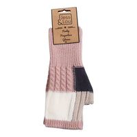 A pair of pink, white, and navy patchwork knit gloves on a brown cardboard hanger, labeled 'Jess & Lou'.