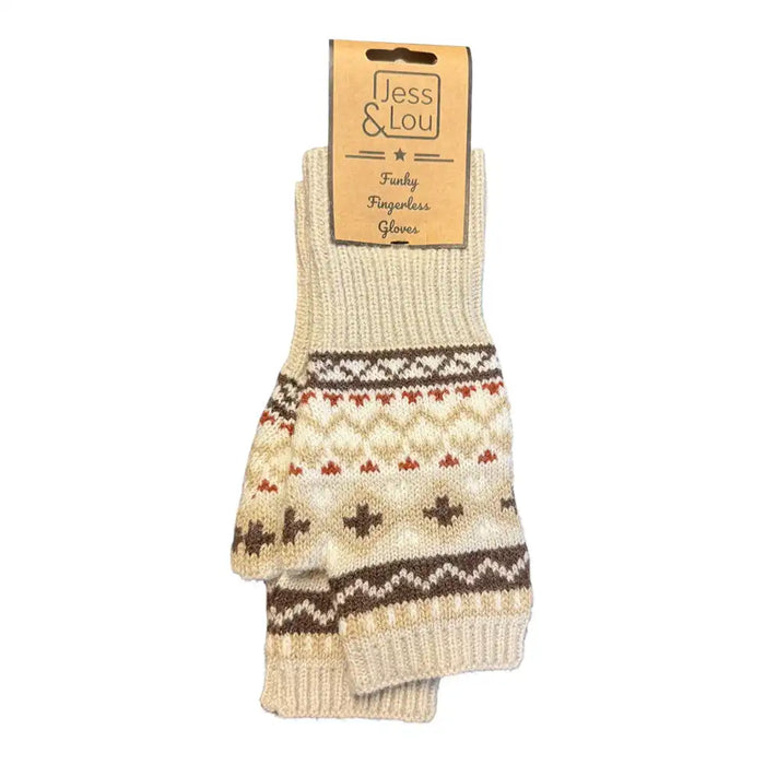 A pair of knit fingerless gloves with a cream, brown, and red Fair Isle pattern, attached to a tan paper header card that reads 'Jess & Lou'.