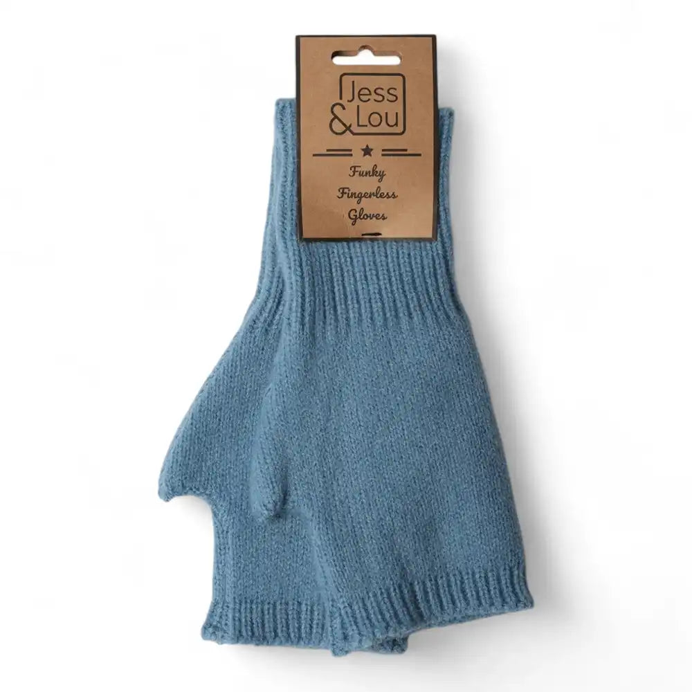 A pair of dusty blue knit fingerless gloves with a brown paper hangtag, displayed on a clean white background. The tag features the brand name 'Jess & Lou'.