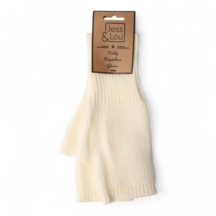 A pair of cream-colored ribbed knit gloves in retail packaging with a brown paper header card. The header card features the brand name 'Jess & Lou' and the text 'Fuzzy Fingertless Gloves'.