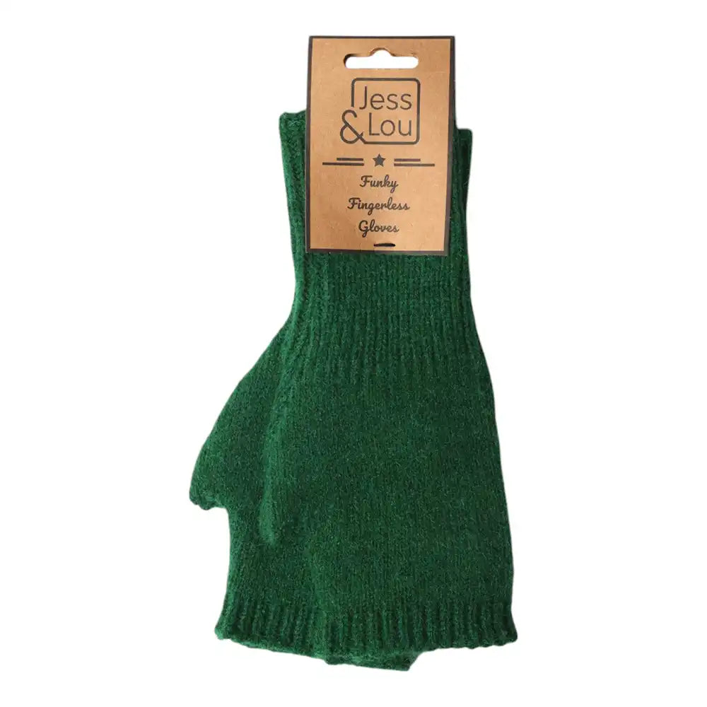 A pair of dark green knit fingerless gloves attached to a brown cardboard hanger, shown against a plain white background.