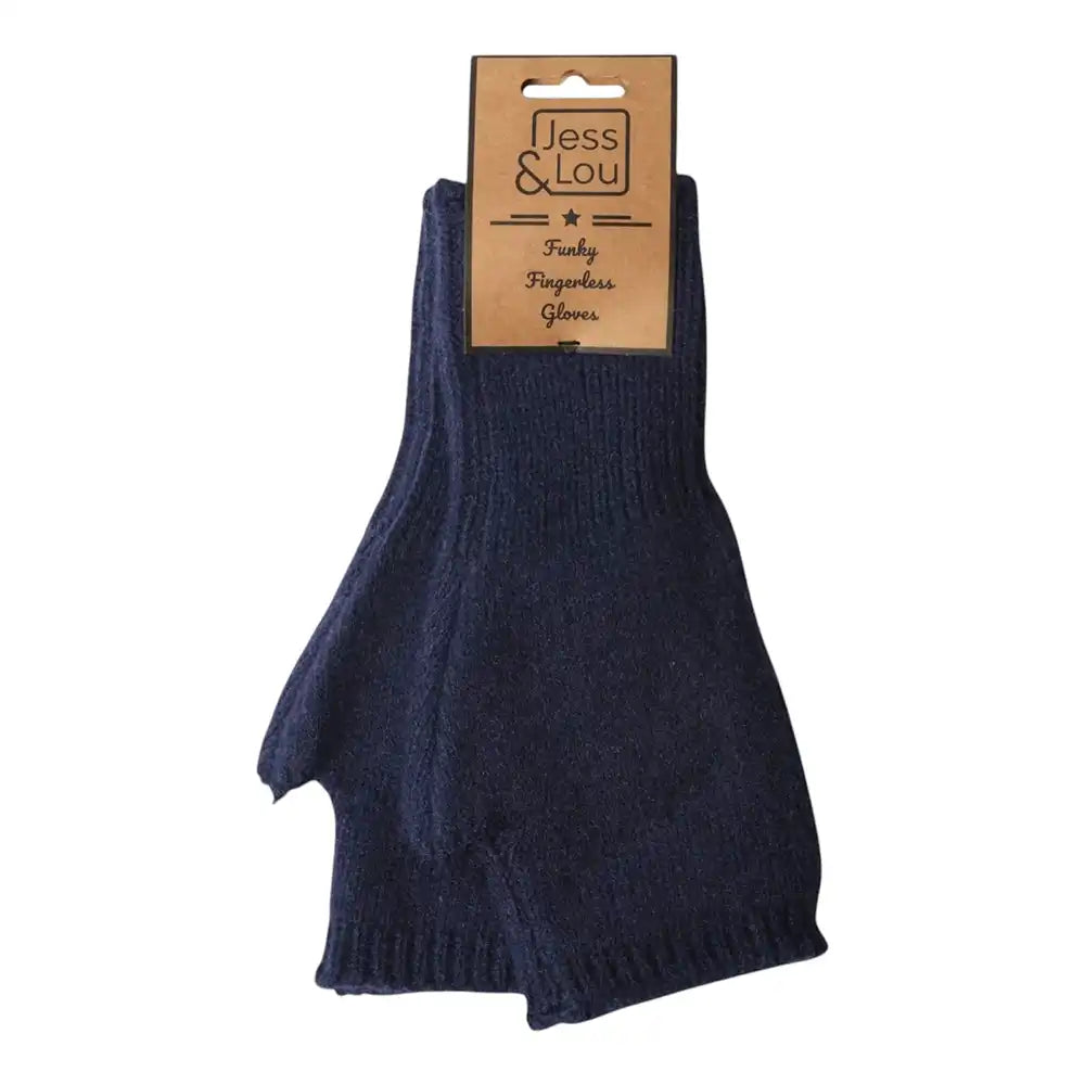 A pair of navy blue ribbed knit fingerless gloves with a brown paper hangtag that reads 'Jess & Lou' and 'Fingertless Gloves', shown against a plain white background.