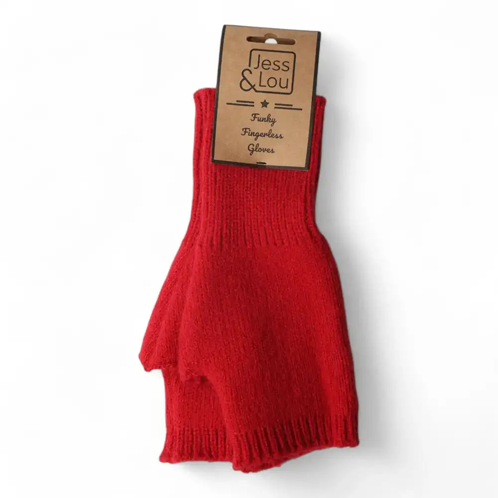 A pair of bright red knit fingerless gloves with a brown paper hangtag, displayed against a clean white background. The tag is branded 'Jess & Lou'.