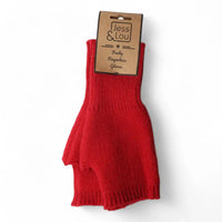 A pair of bright red knit fingerless gloves with a brown paper hangtag, displayed against a clean white background. The tag is branded 'Jess & Lou'.