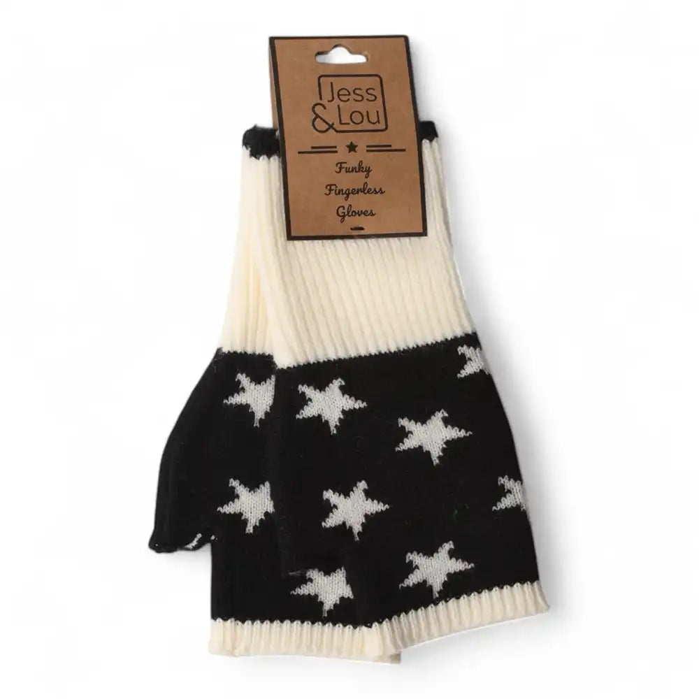 Fingerless gloves with an ecru top and a black band for over hand with ecru coloured stars. 