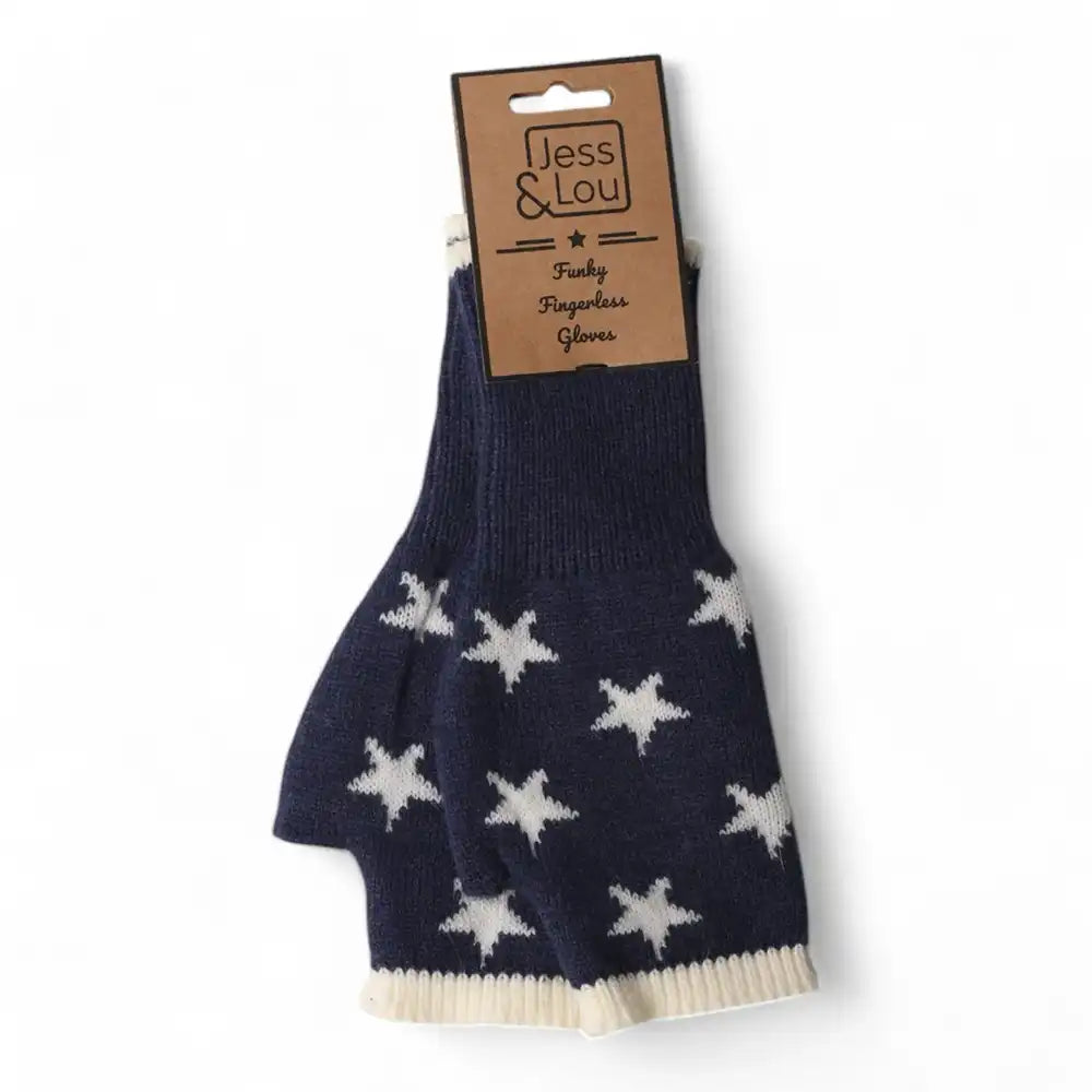 Navy blue fingerless gloves with white star patterns on a white background, featuring a Jess & Lou label.