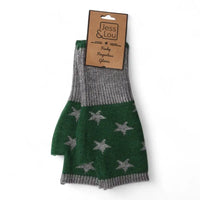 Green and gray fingerless gloves with star patterns on a white background, featuring a Jess & Lou label.