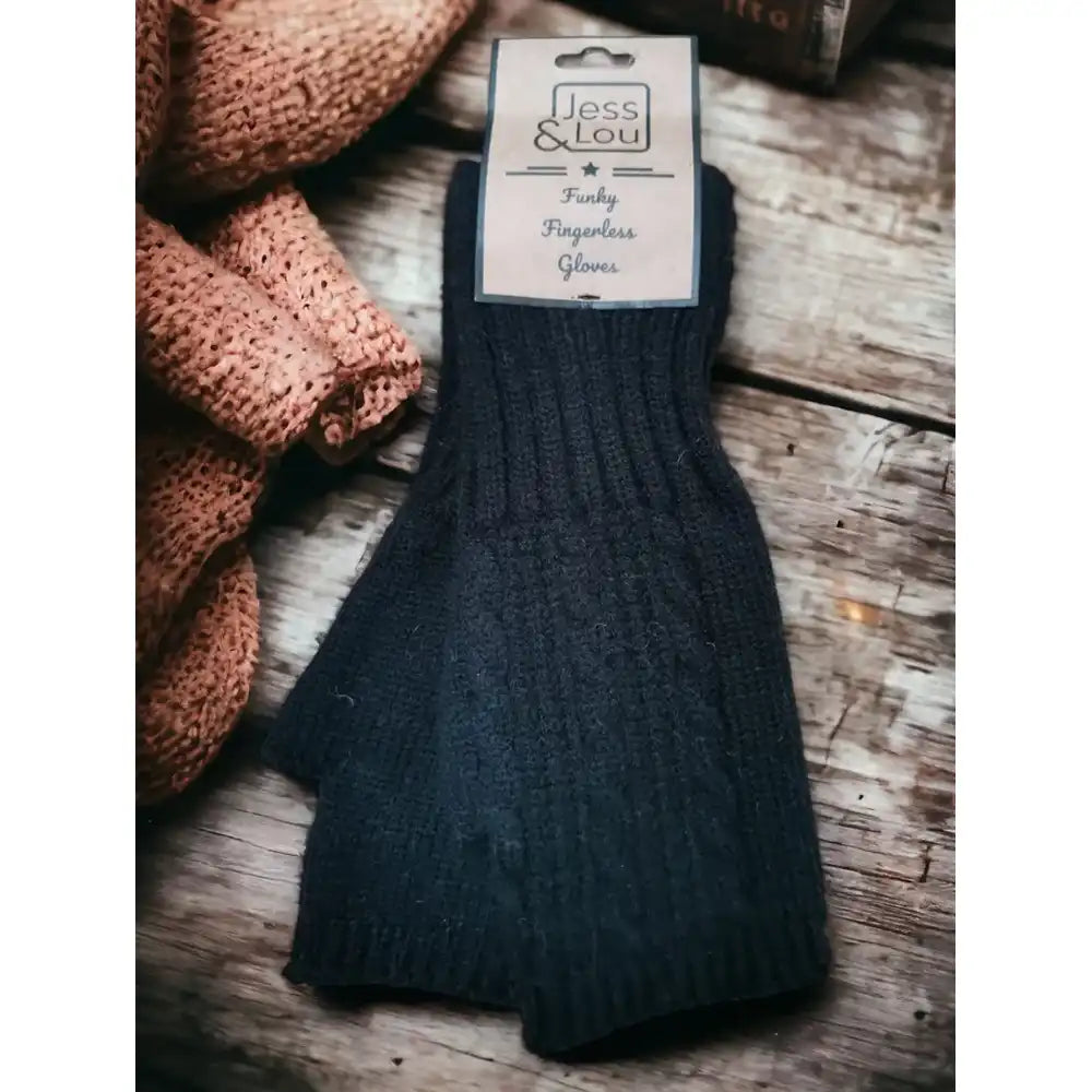 Cable Knit  Fingerless Gloves -Black