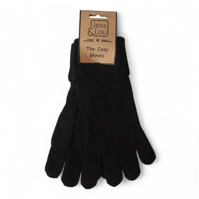 Black gloves with a packaging label on a white background