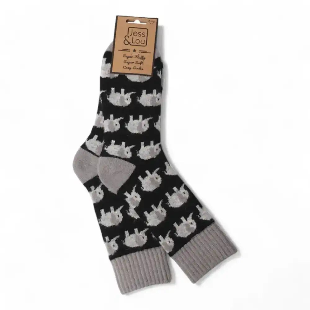 Black and grey elephant socks with a grey ribbed cuff and solid grey heel and toe.