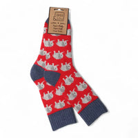 Blue, Red and grey elephant socks with a blue ribbed cuff and solid blue heel and toe.
