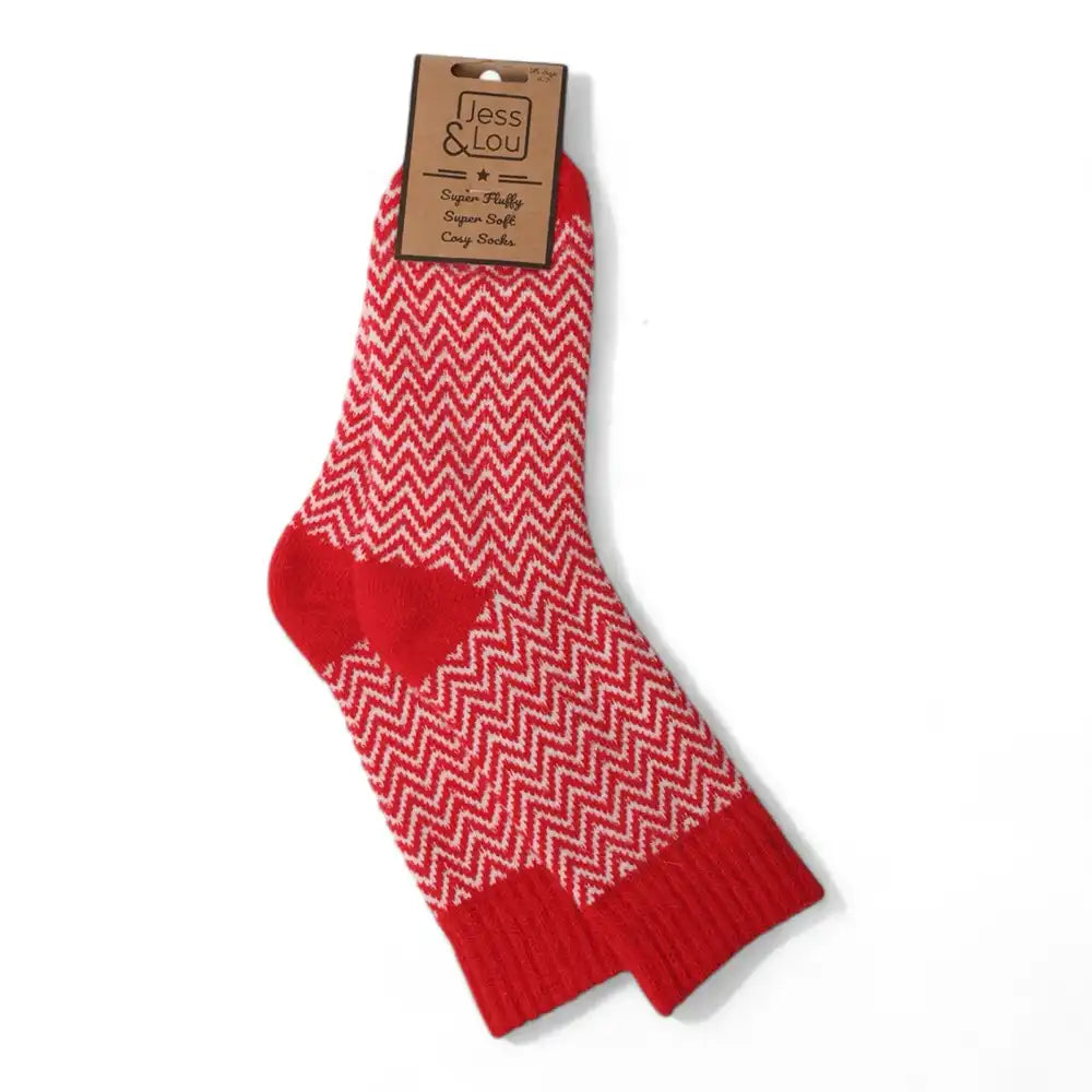 Red and white herringbone patterned ankle socks with 'Jess & Lou' packaging on a white background