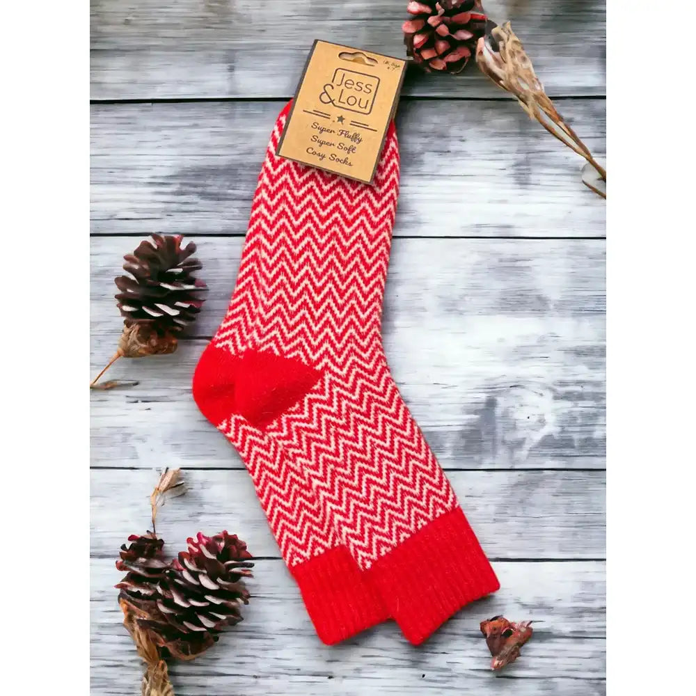 Herringbone red and white sock with red toe, heel and ribbed ankle cuff. 