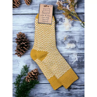 Herringbone mustard and white sock with mustard toe, heel and ribbed ankle cuff. 