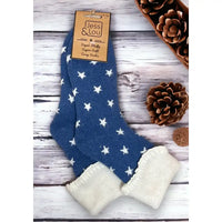 Navy blue background sock with cream stars and a turned down cream ankle cuff