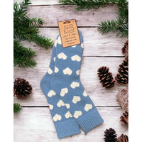  Blue background sock with large white hearts and ribbed ankle cuff