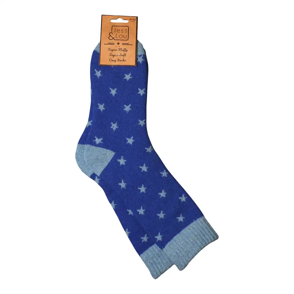 Blue star patterned ankle socks with 'Jess & Lou' packaging on a white background