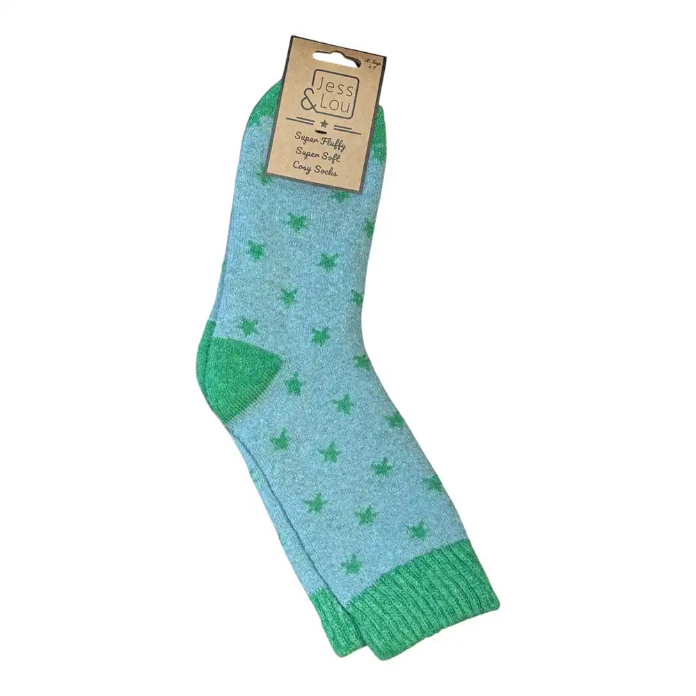Green star patterned ankle socks with 'Jess & Lou' packaging on a white background