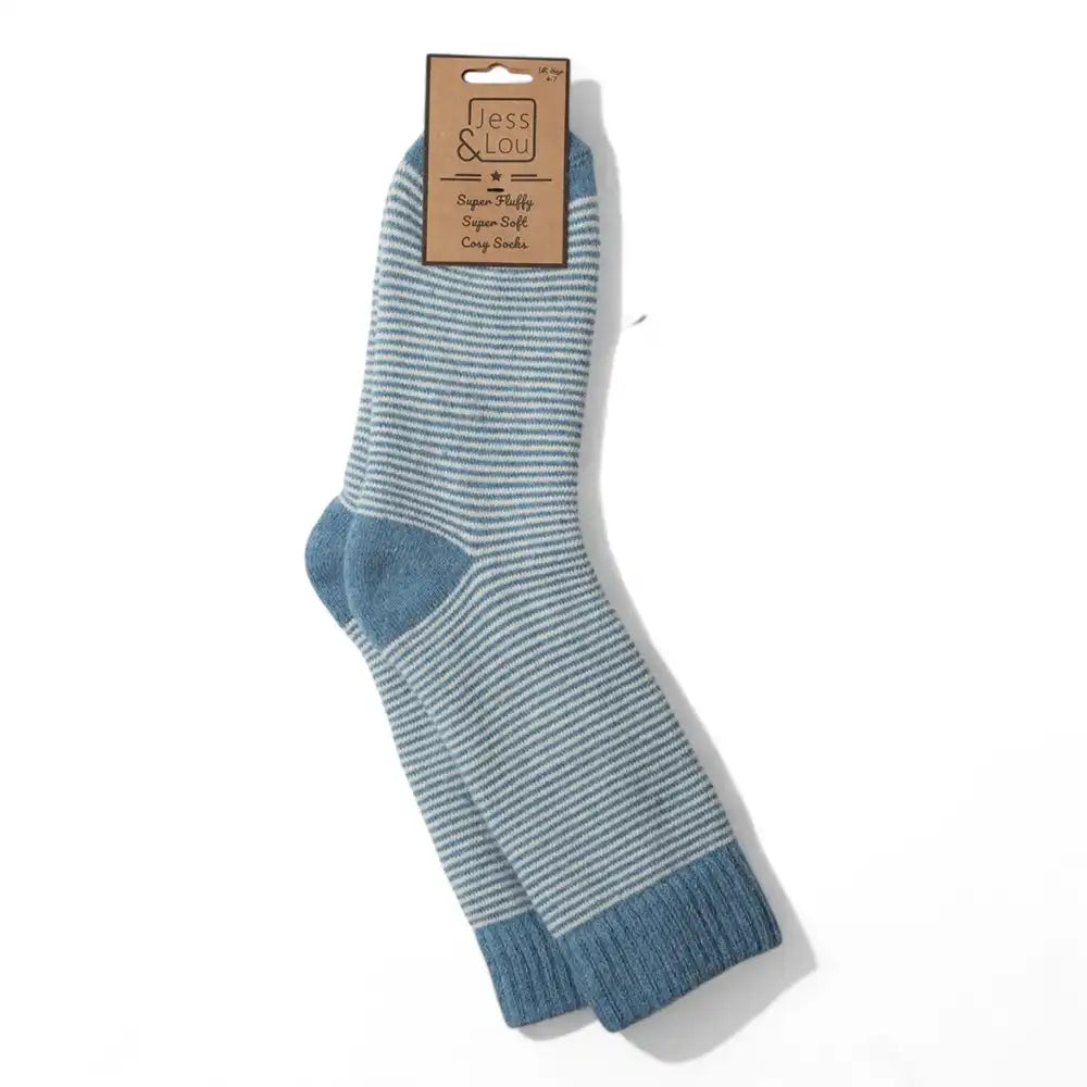 Thin blue and white striped socks with solid blue toe, heel and ribbed Cuff. 