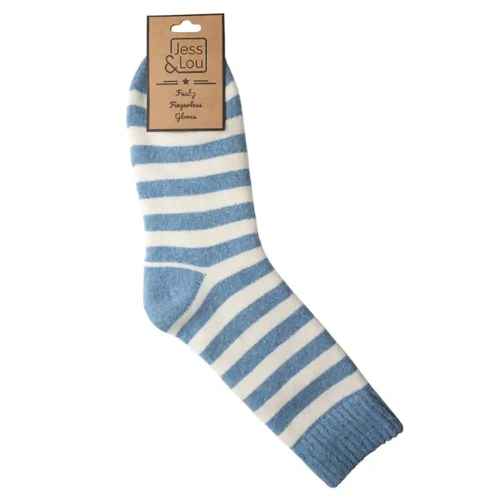 Blue and Ecru striped sock with a solid blue toe, heel and ribbed cuff. 