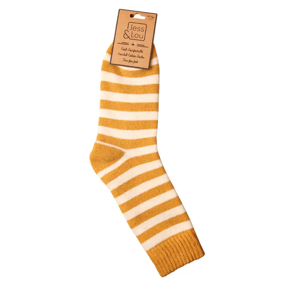 Striped sock with gold and white stripe pattern on a white background, featuring a Jess & Lou label.
