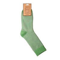 Green socks with thin white stripes. Solid green toe and heels with a ribbed green cuff.