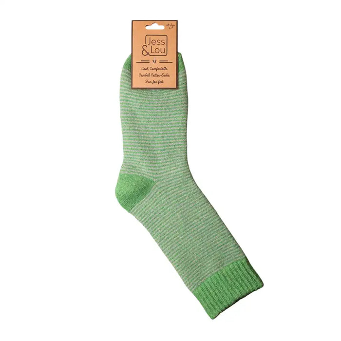 Green socks with thin white stripes. Solid green toe and heels with a ribbed green cuff.