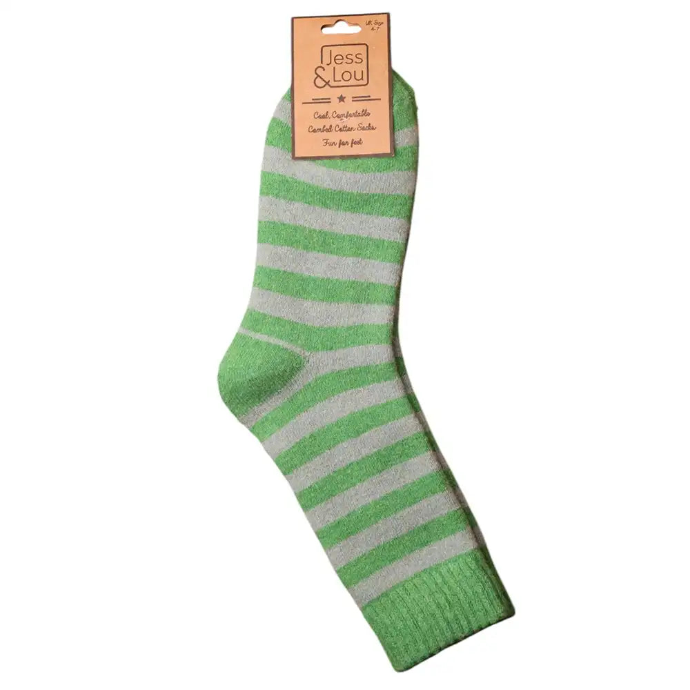 Green and sage stripe sock socks with a ribbed cuff and solid green heel and toe.