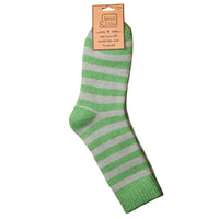 Green and sage stripe sock socks with a ribbed cuff and solid green heel and toe.