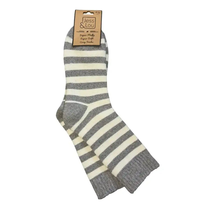 Grey and white stripe sock with solid grey toe, heel and ribbed cuff. 