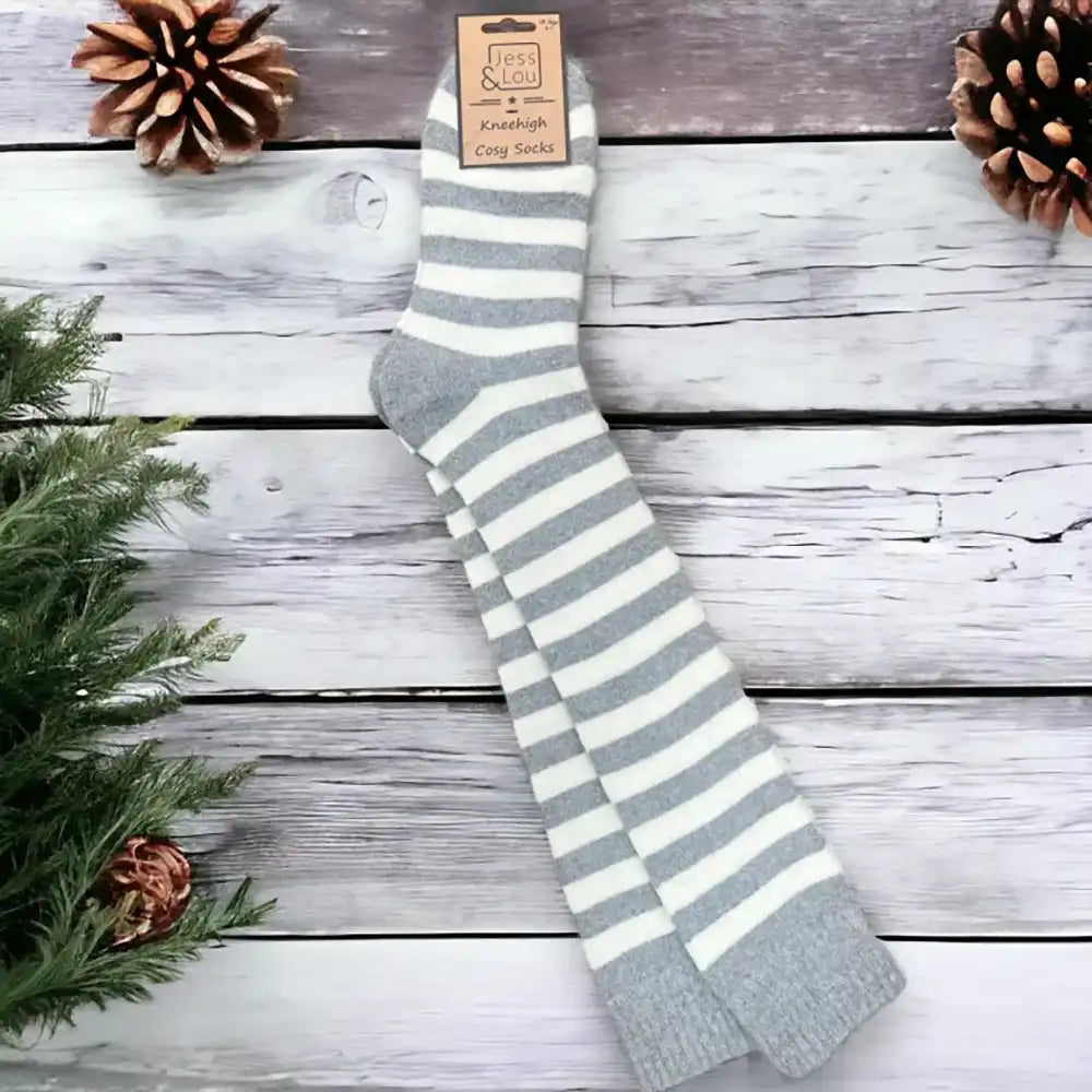 Long Wool Blend Socks Grey Stripes