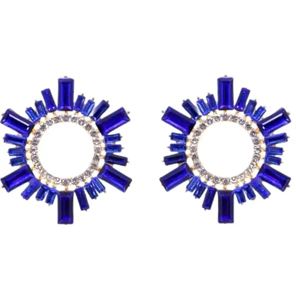 Pair of blue circular earrings with gemstone accents on a white background