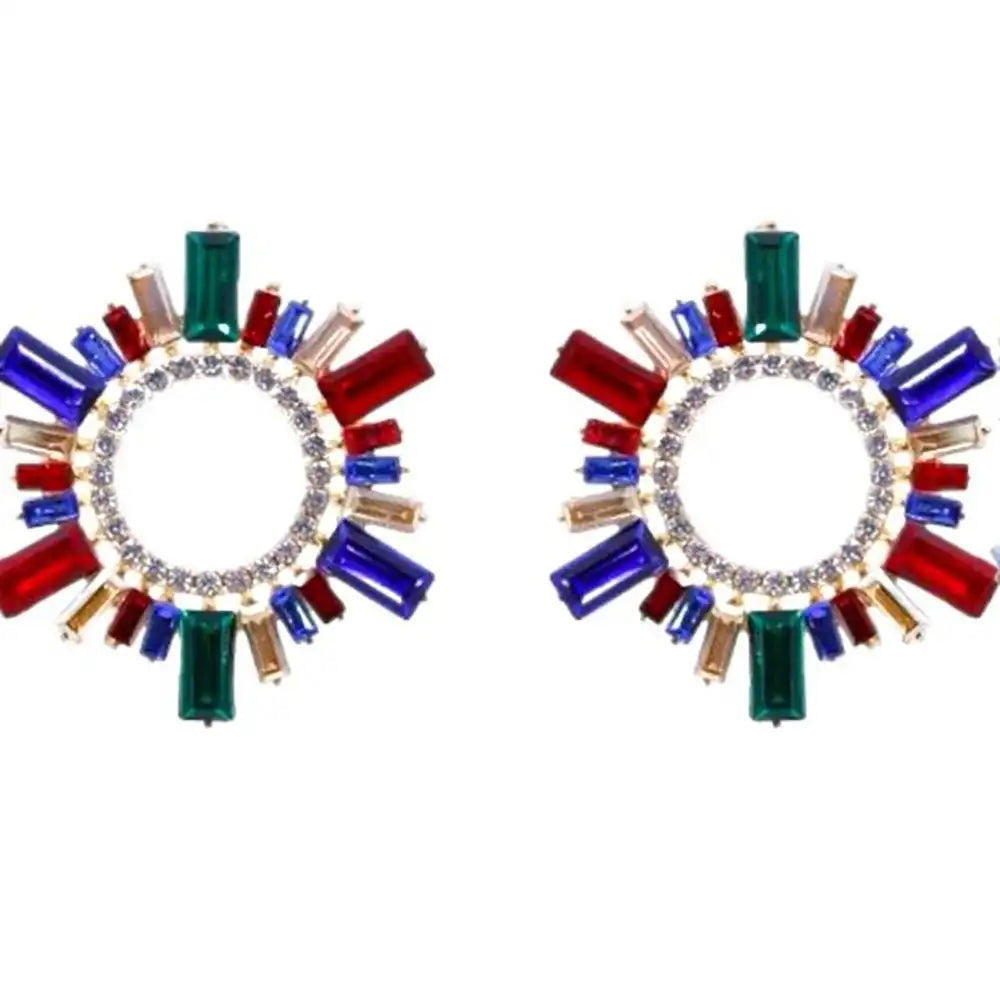 Colorful hoop earrings with gemstone-like beads on a white background