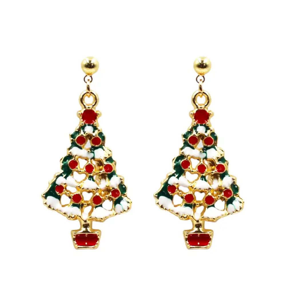 Christmas tree-shaped earrings with red and gold details on a white background