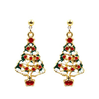 Christmas tree-shaped earrings with red and gold details on a white background