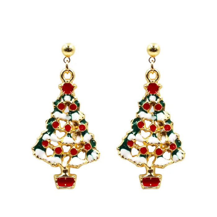 Christmas tree-shaped earrings with red and gold details on a white background
