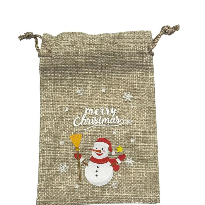 Textile drawstring bag with a snowman design and 'Merry Christmas' text on a white background