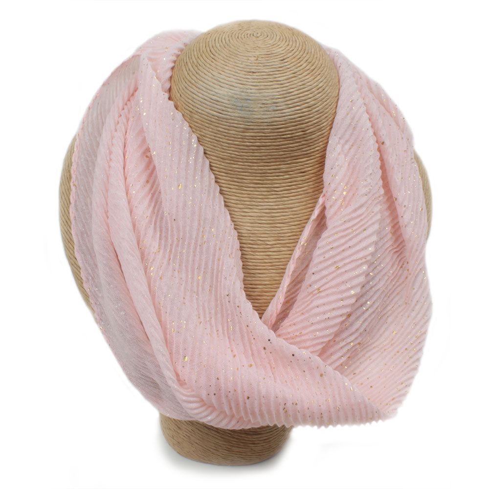 Pink with gold shimmer medium length scarf in textured fabric.