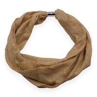 Speckled beige hoop scarf on a white background
